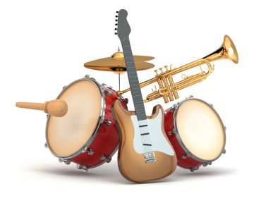müzik aletleri. gitar, bateri ve trompet.