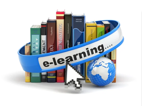 E-learning. Books and earth on white background. — Stock Photo, Image