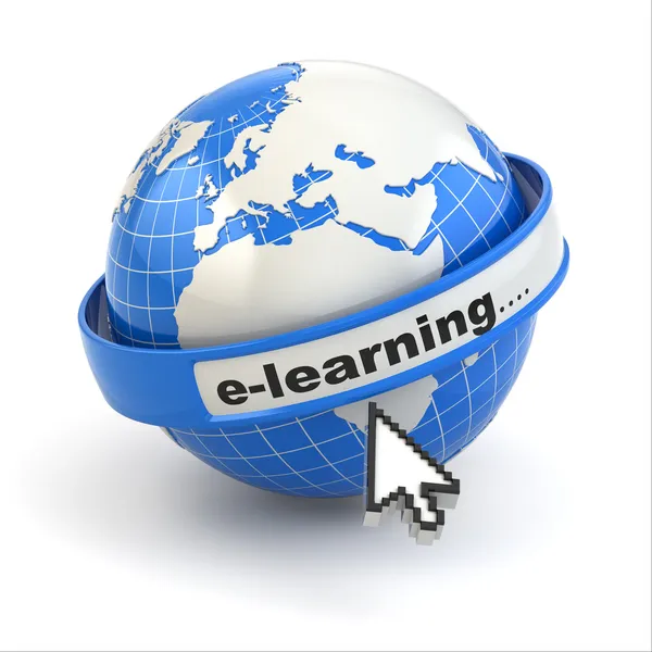 E-learning. Terre et souris curseur sur fond blanc . — Photo