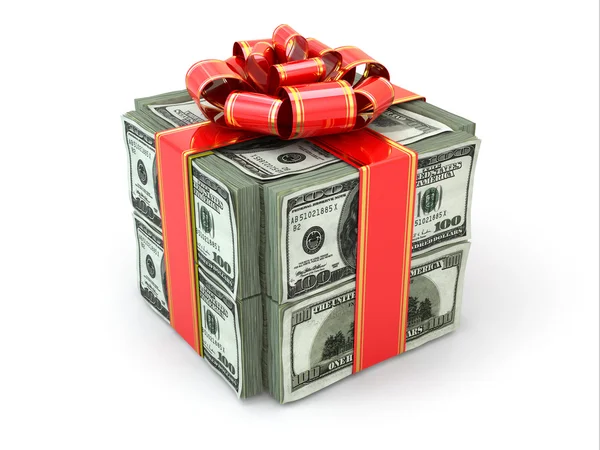 Money gift. Pack of dollars and red ribbon. — Stock Photo, Image