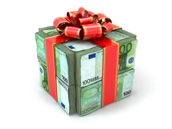 Un regalo. Pack de euros y cinta roja . — Foto de Stock