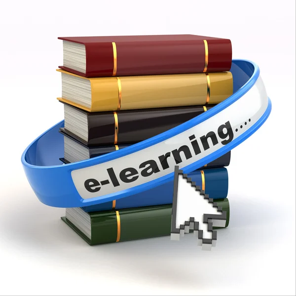 E-learning. Books and mouse cursor on white background. — Stock Photo, Image