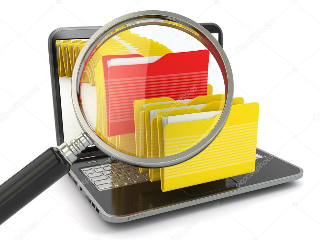 Search folder. Laptop, loupe and files.