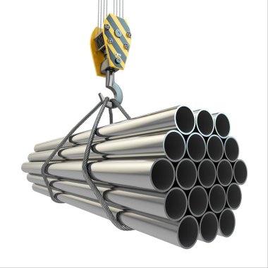 Crane hook and pipes. 3d clipart