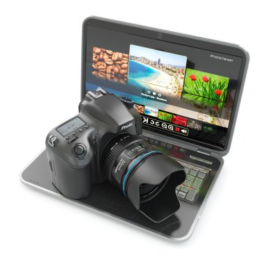 dijital fotoğraf makinesi ve laptop. gazeteci veya Gezgin iklimsel