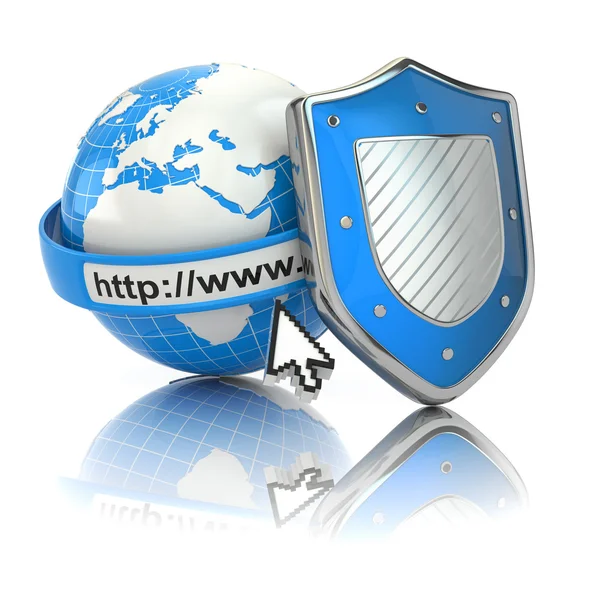 Internetsicherheit. Erde, Browser-Adresszeile und Schild. — Stockfoto