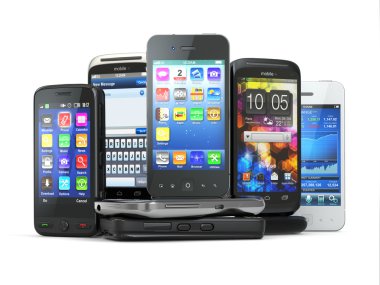 Choose mobile phone. Pile of new cellphones.