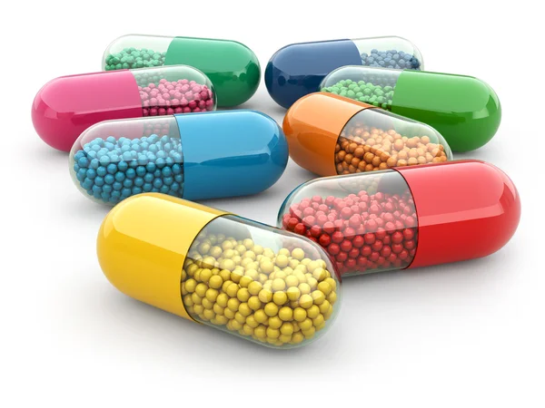 Tabletten und Medikamente auf weißem, isoliertem Bacground. medizinisches Konzept. — Stockfoto