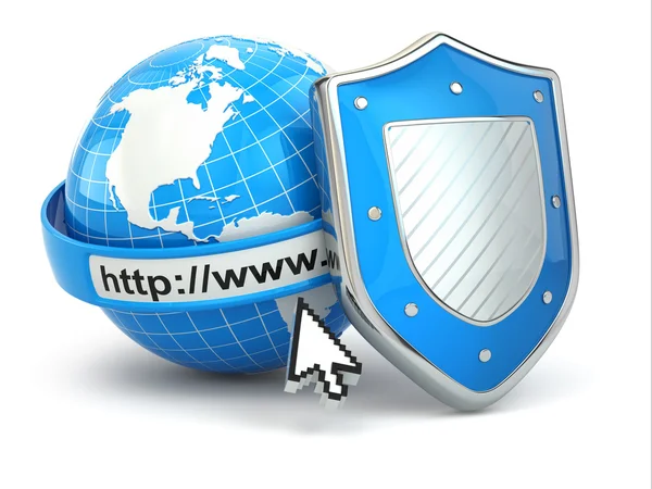 Seguridad en Internet. Tierra, línea de dirección del navegador y escudo . — Foto de Stock