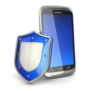 Mobile phone security concept. Cellphone and shield. clipart