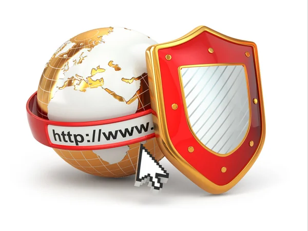 Internet security. země, řádek adresy prohlížeče a štít. — Stock fotografie