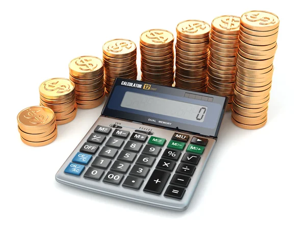 Concepto financiero. Calculadora y monedas de oro . — Foto de Stock