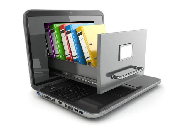 Data storage. Laptop and file cabinet with ring binders. — Stock Photo, Image