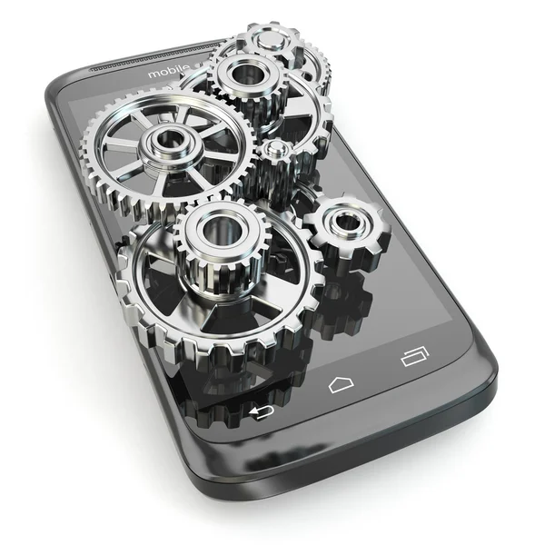 Settings of mobile phone. Gears on the screen. — Stock Photo, Image