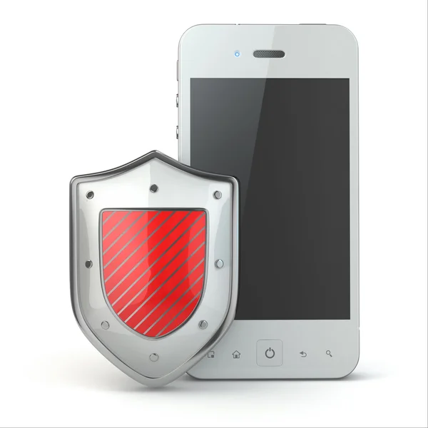 Concepto de seguridad del teléfono móvil. Celular y escudo . — Foto de Stock