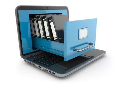 Data storage. Laptop and file cabinet with ring binders. clipart