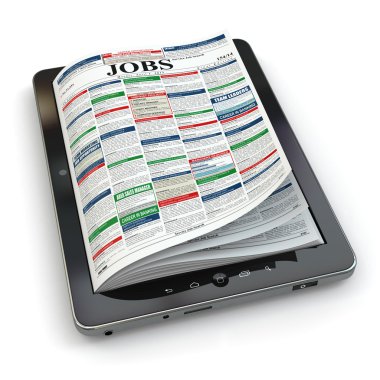 Search jobs on newspaper in tablet. Conceptual image. clipart