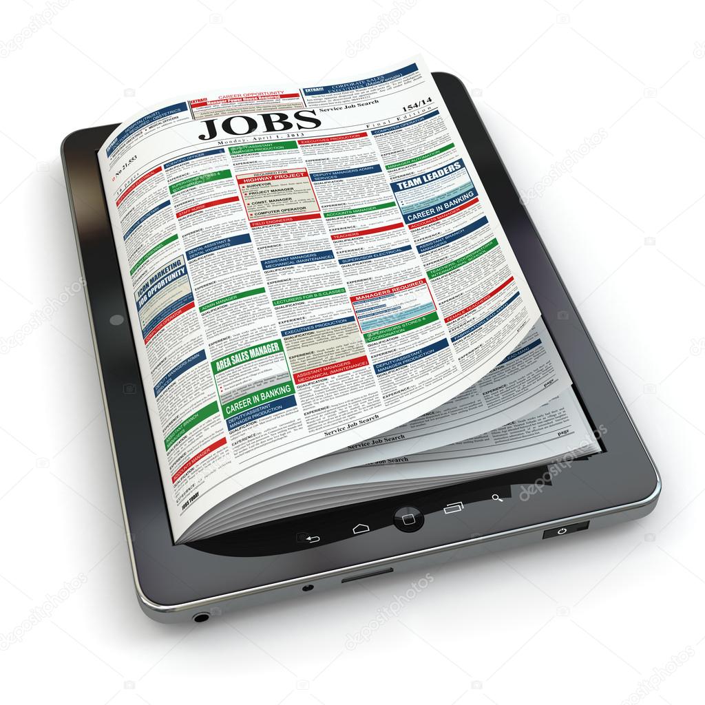 Search jobs on newspaper in tablet. Conceptual image.