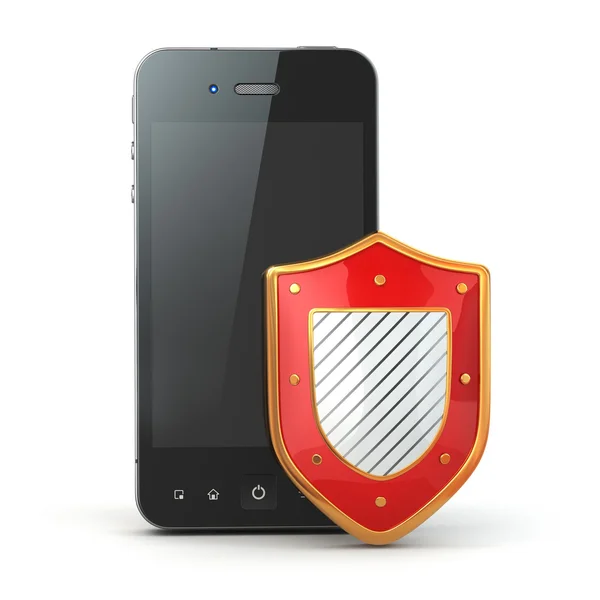 Concepto de seguridad del teléfono móvil. Celular y escudo . — Foto de Stock