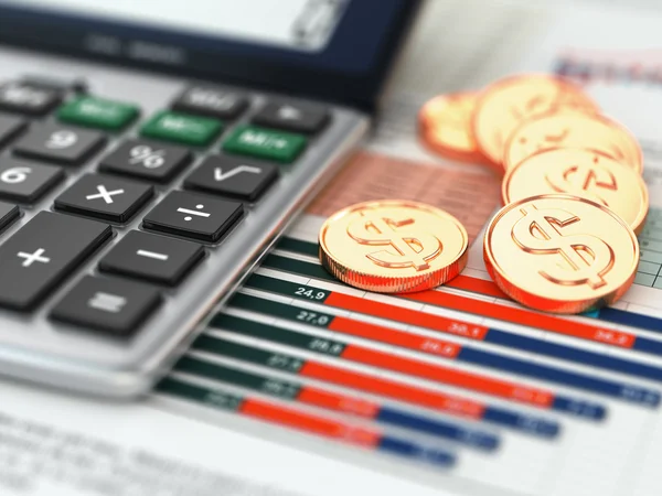 Concepto financiero. Calculadora, monedas y gráfico . —  Fotos de Stock