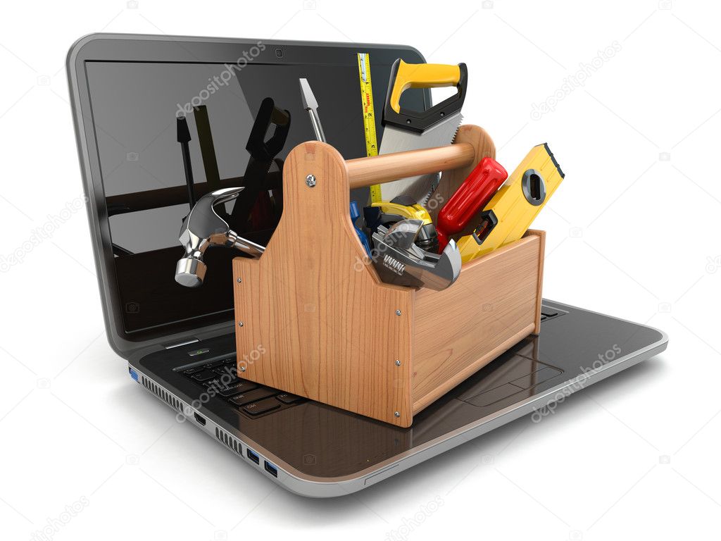 Online support. Laptop and toolbox.