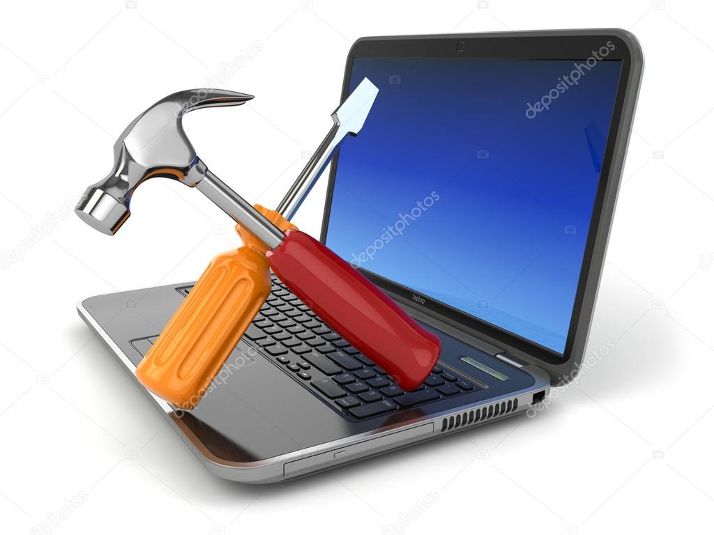 Online support. Laptop with screwdriver and hammer.