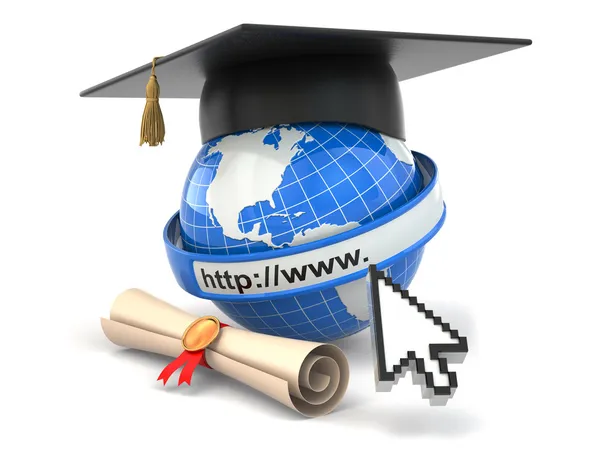 E-learning. Globe, diploma and mortar board. — Stock Fotó