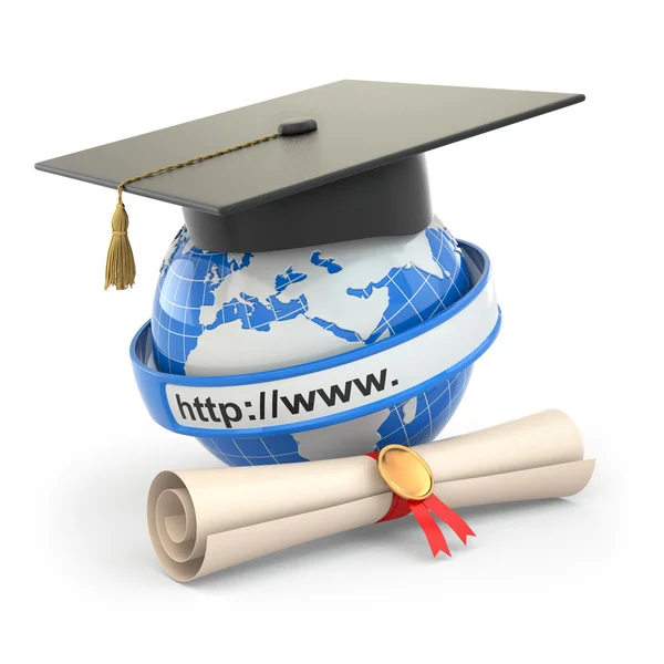E-learning. Globe, diploma and mortar board. — Stock Fotó