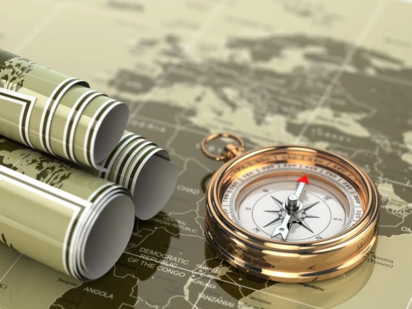 Gold compass on world map background. — Stock Photo, Image