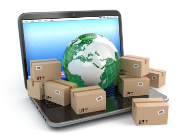 Dünya çapında teslimat. Dünya ve kutuları laptop.