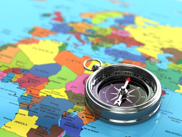 Silver compass  on world map background. — Stock Photo, Image