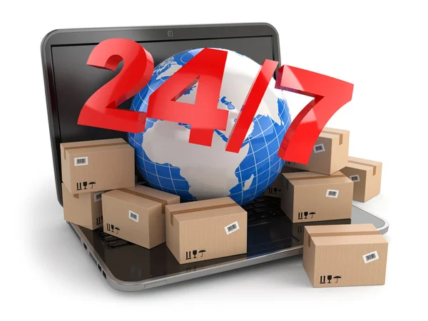 World wide delivering. Earth and boxes on laptop. — Stock Photo, Image