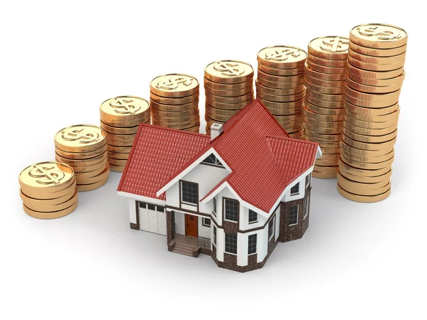 Casa e gráfico de moedas. Aumento imobiliário . — Fotografia de Stock