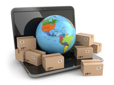 Dünya çapında teslimat. Dünya ve kutuları laptop.