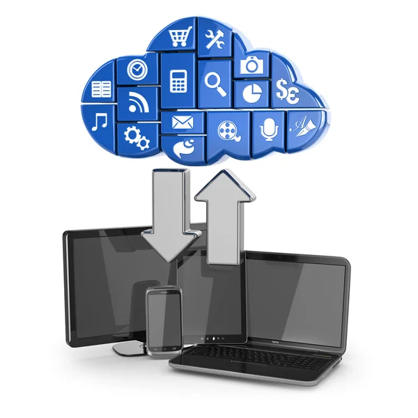 Cloud computing. Ordinateur portable, tablette PC et téléphone . — Photo