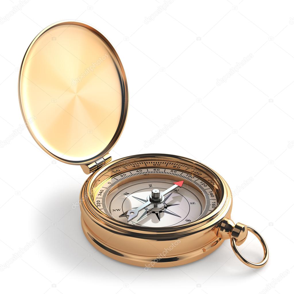 Gold compass on white isolated background.