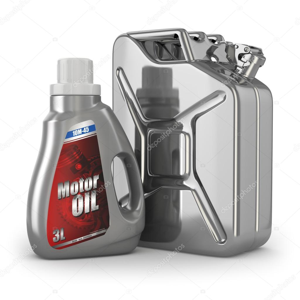 Motor oil canister and jerrycan of petrol or gas.