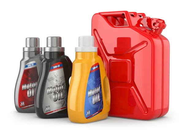 Motor oil canister and jerrycan of petrol or gas. — Stock Photo, Image