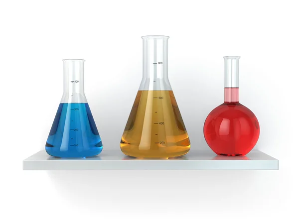 Chemical flasks on the shelf. Reagent in lab, — Stock Photo, Image