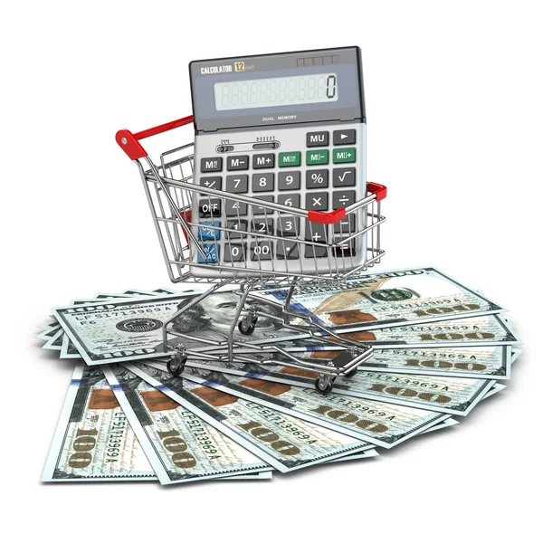 Winkelwagen met calculator op dollar bankbiljetten. — Stockfoto