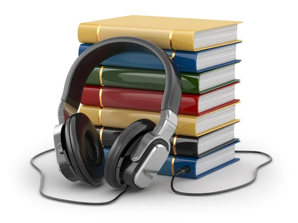 Audioboek concept. hoofdtelefoon en boeken — Stockfoto