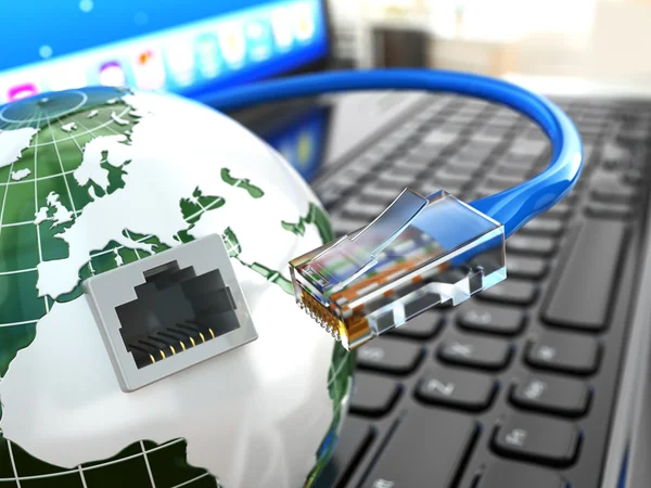 Internet concept. Laptop, earth and ethernet cable. — Stock Photo, Image