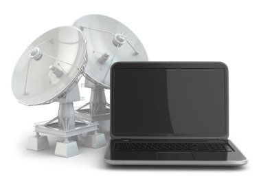 Kablosuz Internet kavramı. dizüstü bilgisayar ve uydu çanağı.