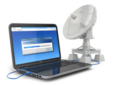 Kablosuz Internet kavramı. dizüstü bilgisayar ve uydu çanağı.