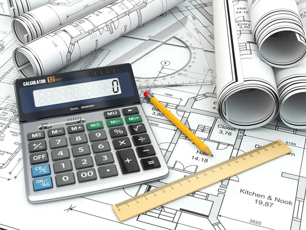 Concept of drawing. Blueprints, drafting tools and calculator. — Stock Photo, Image