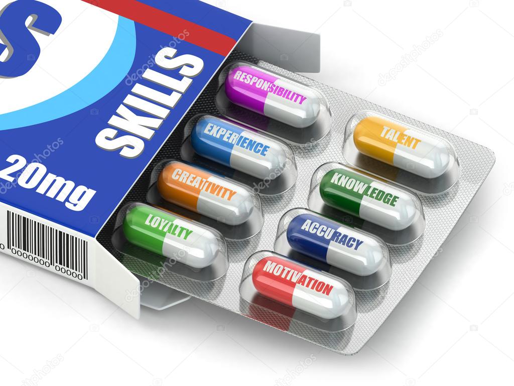 Skills for success. Box of pills with a list of positive qualiti
