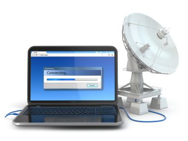 Kablosuz Internet kavramı. dizüstü bilgisayar ve uydu çanağı.