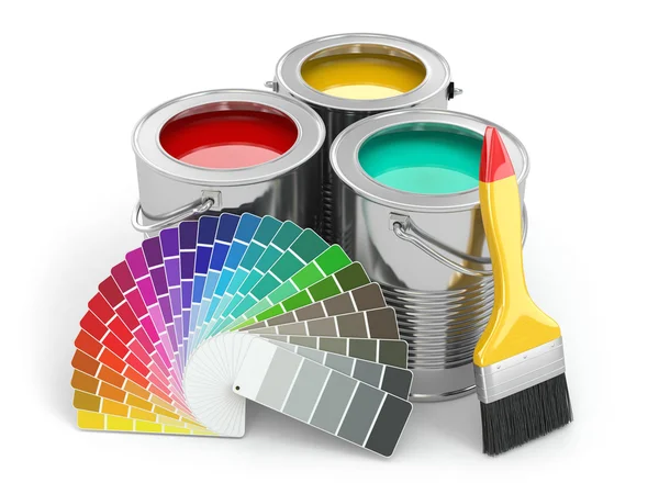 Latas de tinta com paleta de cores e pincel . — Fotografia de Stock