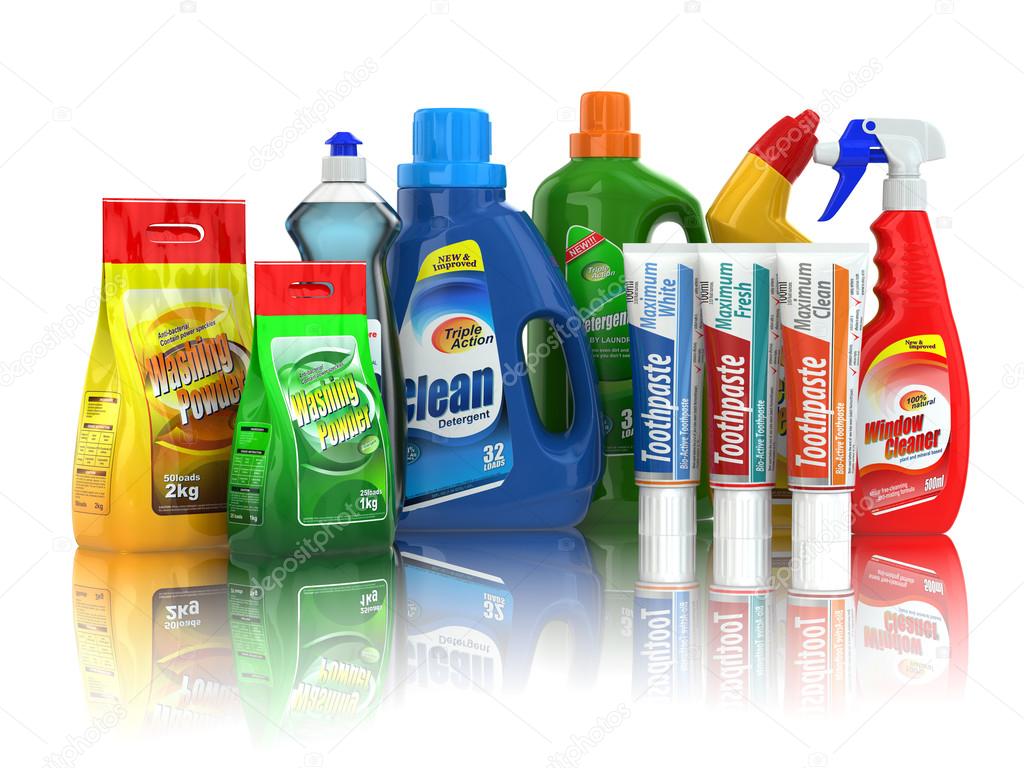 Cleaning supplies. Household chemical detergent bottles.