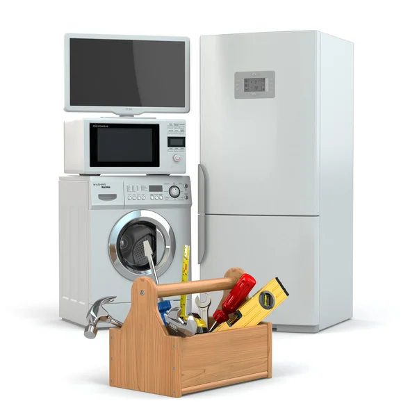 Appliance repair. Toolbox and tv, refrigerator, washing machine — Stock Photo, Image